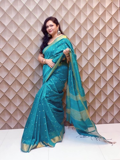 GREEN WITH GOLDEN BUTA LINEN SAREE